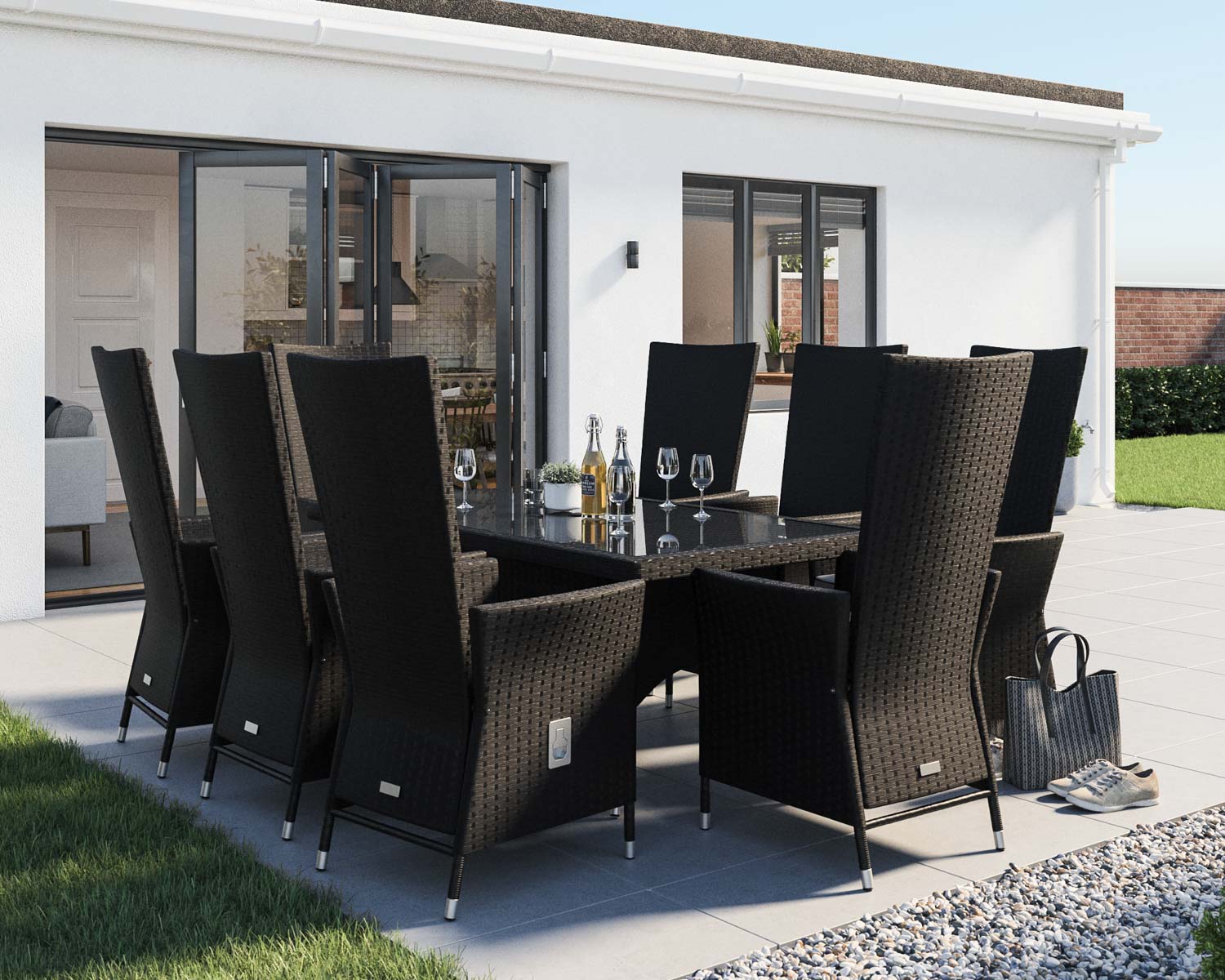 8 Seat Rattan Garden Dining Set With Rectangular Dining Table In Black ...